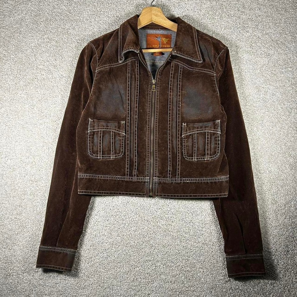Y2K women's Guess brown suede distressed cropped jacket